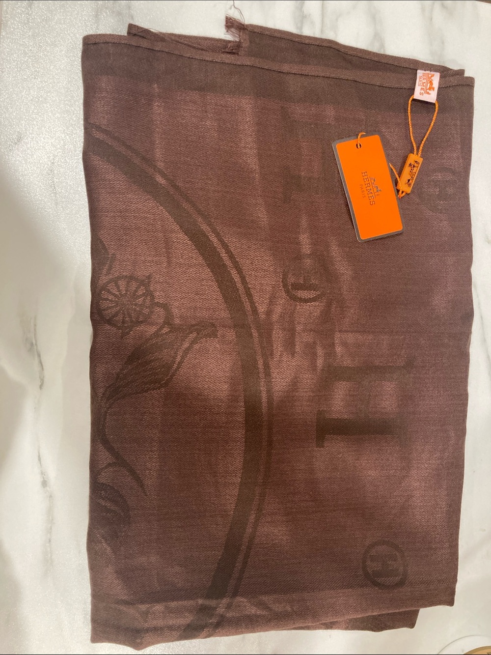 Hermes Brown Floral-Accent Silk Wrap with Orange Tag